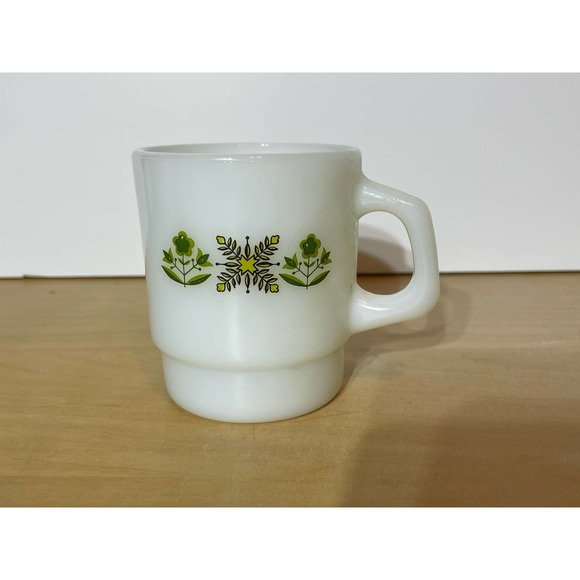 Anchor Hocking Other - Vintage Anchor Hocking Milk Glass Coffee Mug Green Floral Print